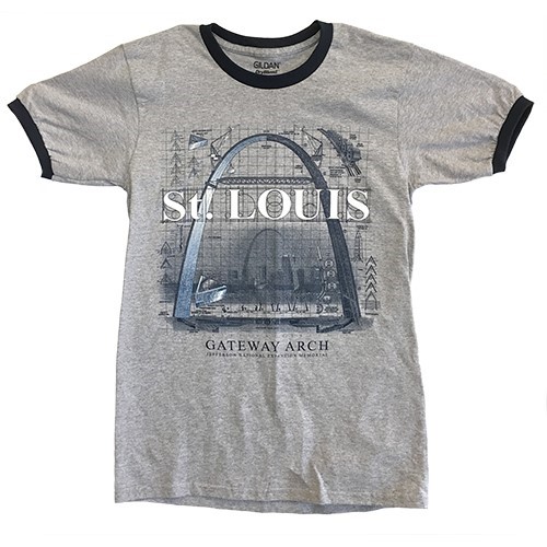 Gateway Arch construction heather grey t-shirt with navy trim. 408